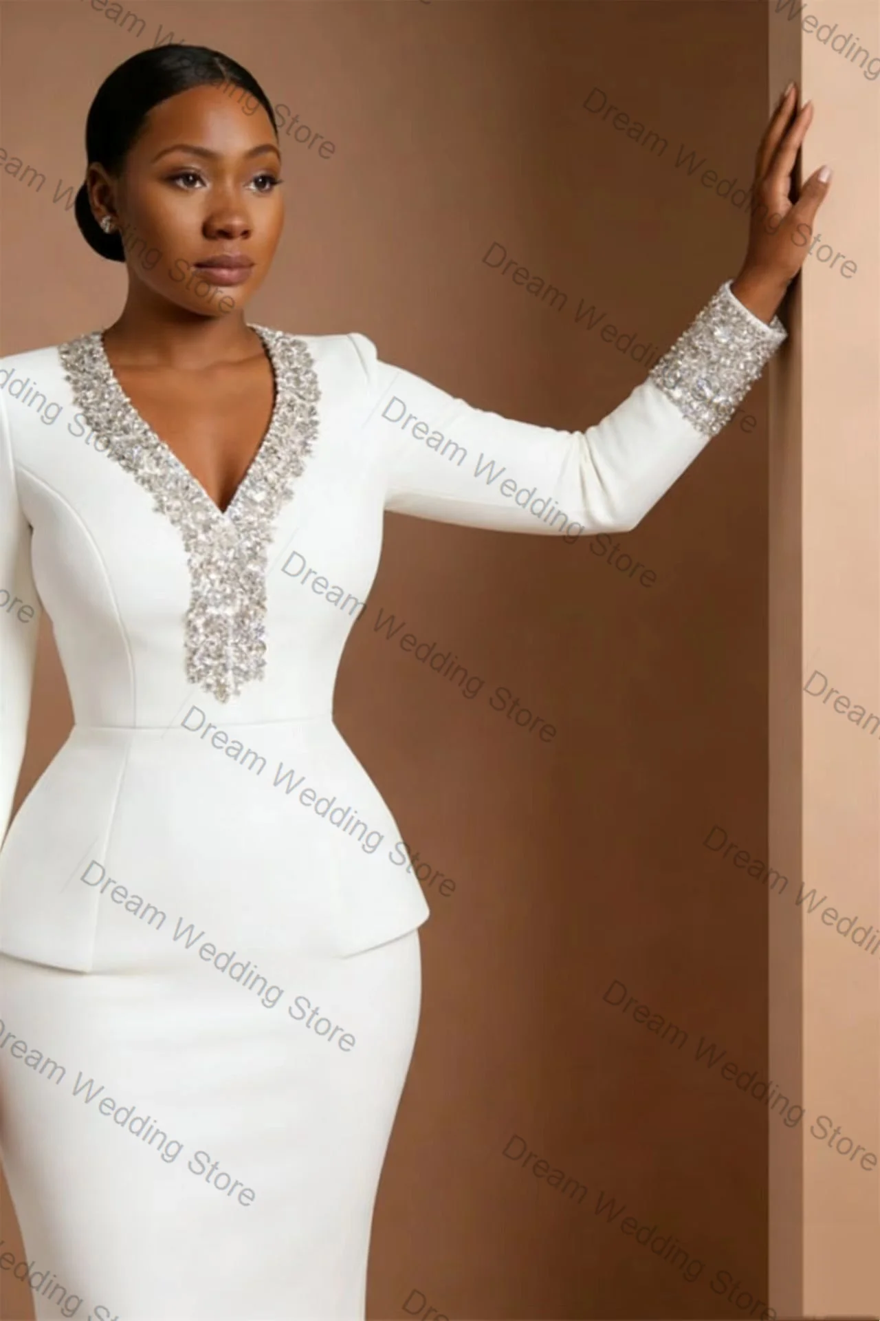 

White Cotton Women Suit Set 2 Pcs Blazer+Prom Dress Crystals Spring Formal Office Lady Jacket Customized Wedding Guest Coat