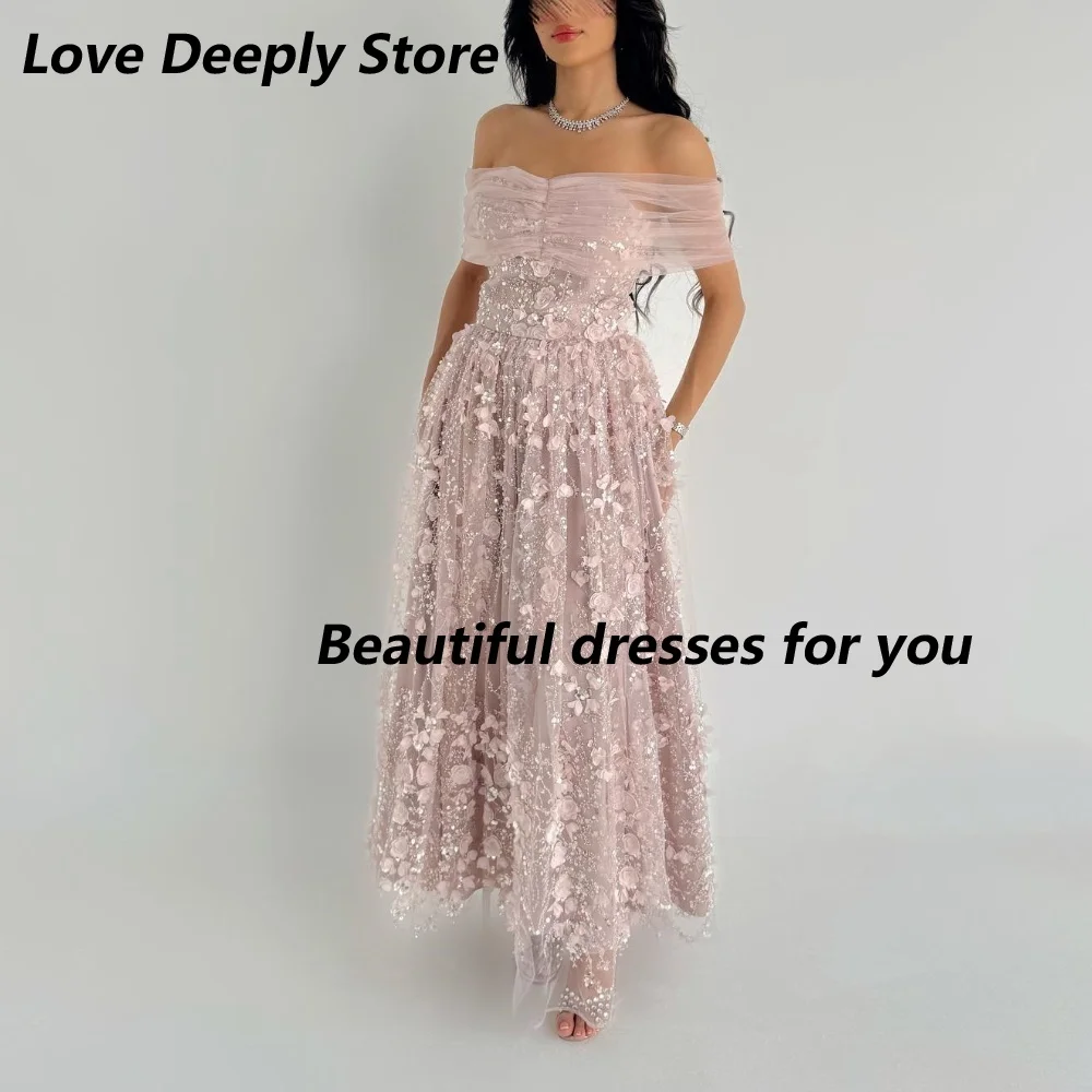 

Luxury Evening Dress Customized Sparkle Net Pleat Sequined A-line Off The Shoulder Pink Prom Gowns Ankle Length Party Dresses