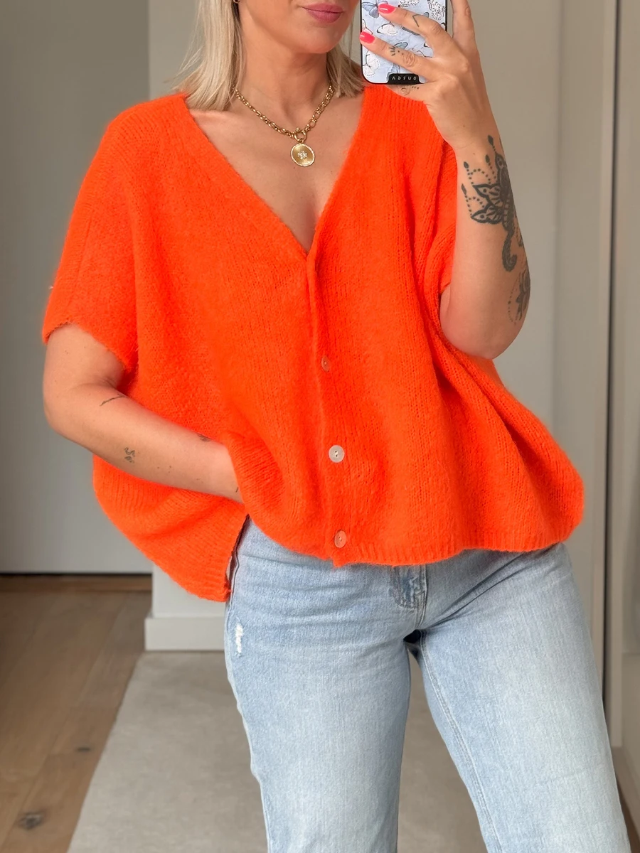 

Womens Loose Knit Cardigan Solid Color Short Sleeve V-Neck Button Down Lightweight Sweaters