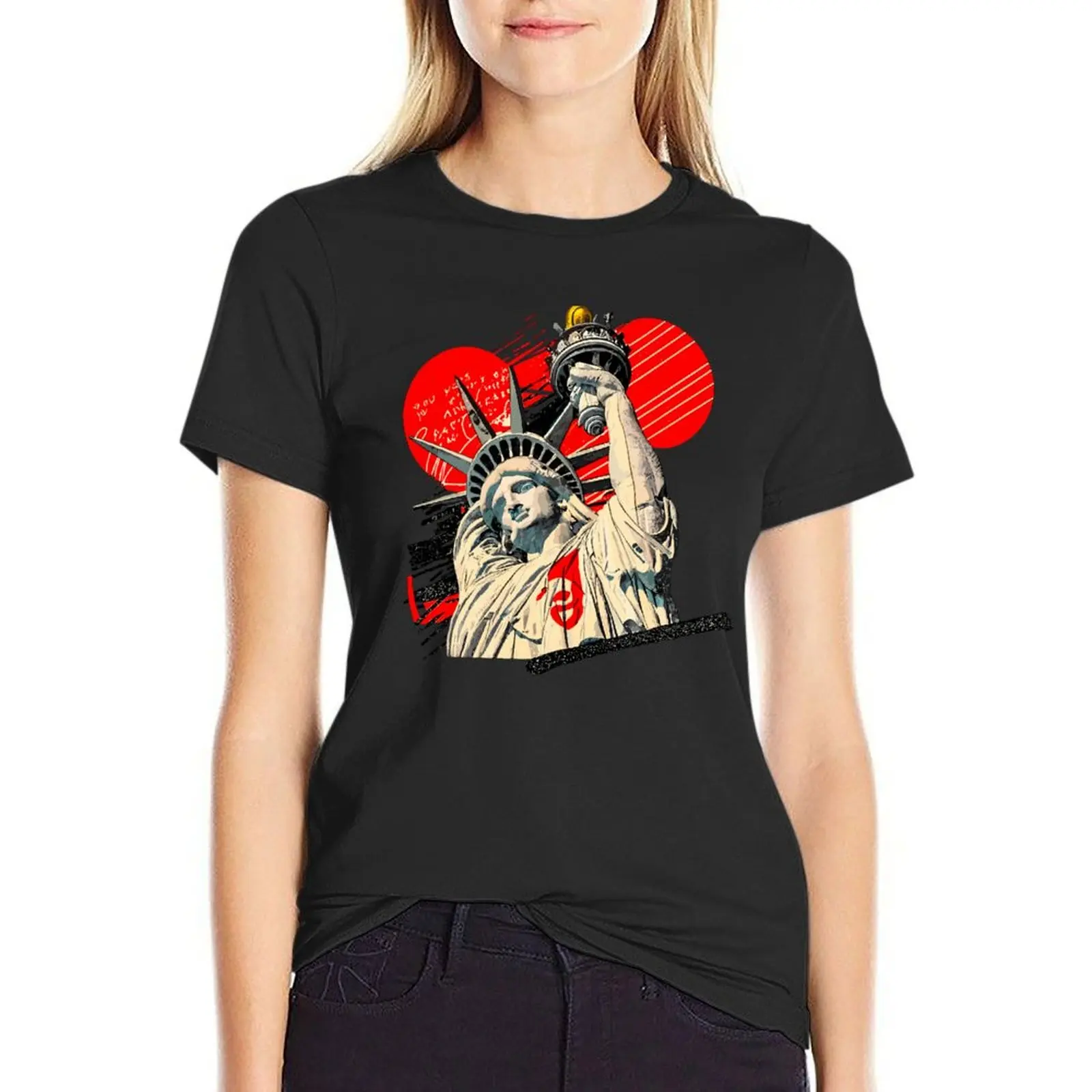 

Liberty's Crimson Circle: An Illustration, Iconic NY Tees, Women's and Men’s Grand City Shirt, Chic Cute Novelty Tees, G T-Shirt