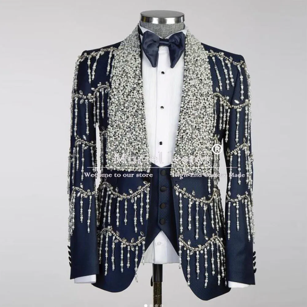 

Exclusive Suits Men Sparkly Beaded Tassels Prom Blazer Customized 3-Piece Man Banquet Partty Dresses Groom Chic Wedding Tuxedo