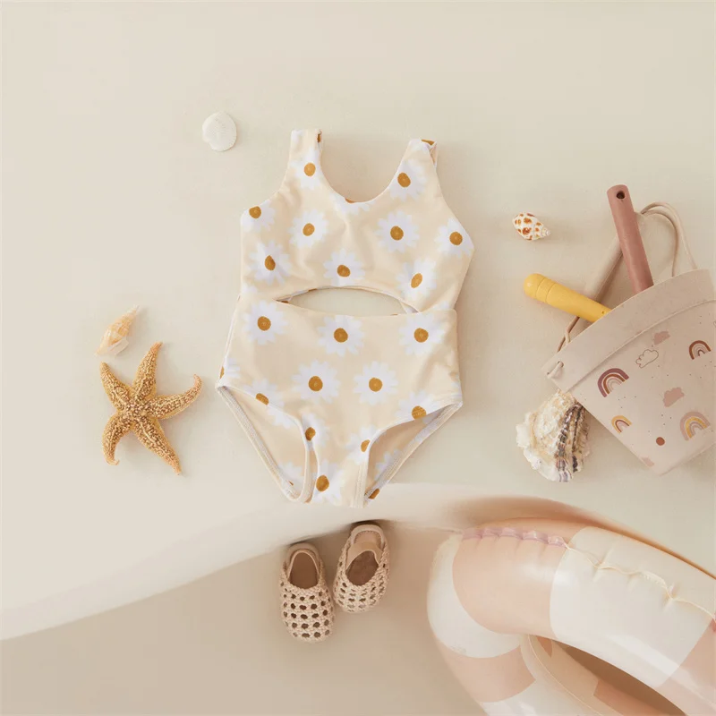 Tregren Baby Girl Swimwear Summer Floral Print Knot Cutout Sleeveless Swimsuit Toddler Bathing Suits Beachwear Infant Monokini