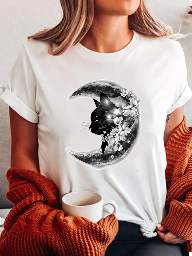 

T Female Casual Graphic T-shirts Clothing Summer Fashion Cat Flower Floral Trend 90s Printed Short Sleeve Tee Women Clothes