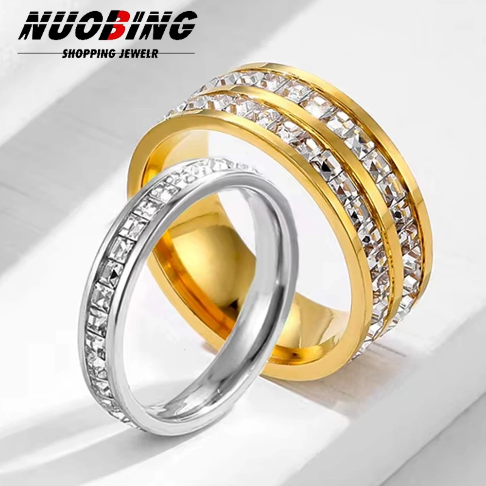 Luxury Gold Color Double Row Square Zircon Stainless Steel Ring for Women Romantic Engageme Wedding Party Jewelry Female