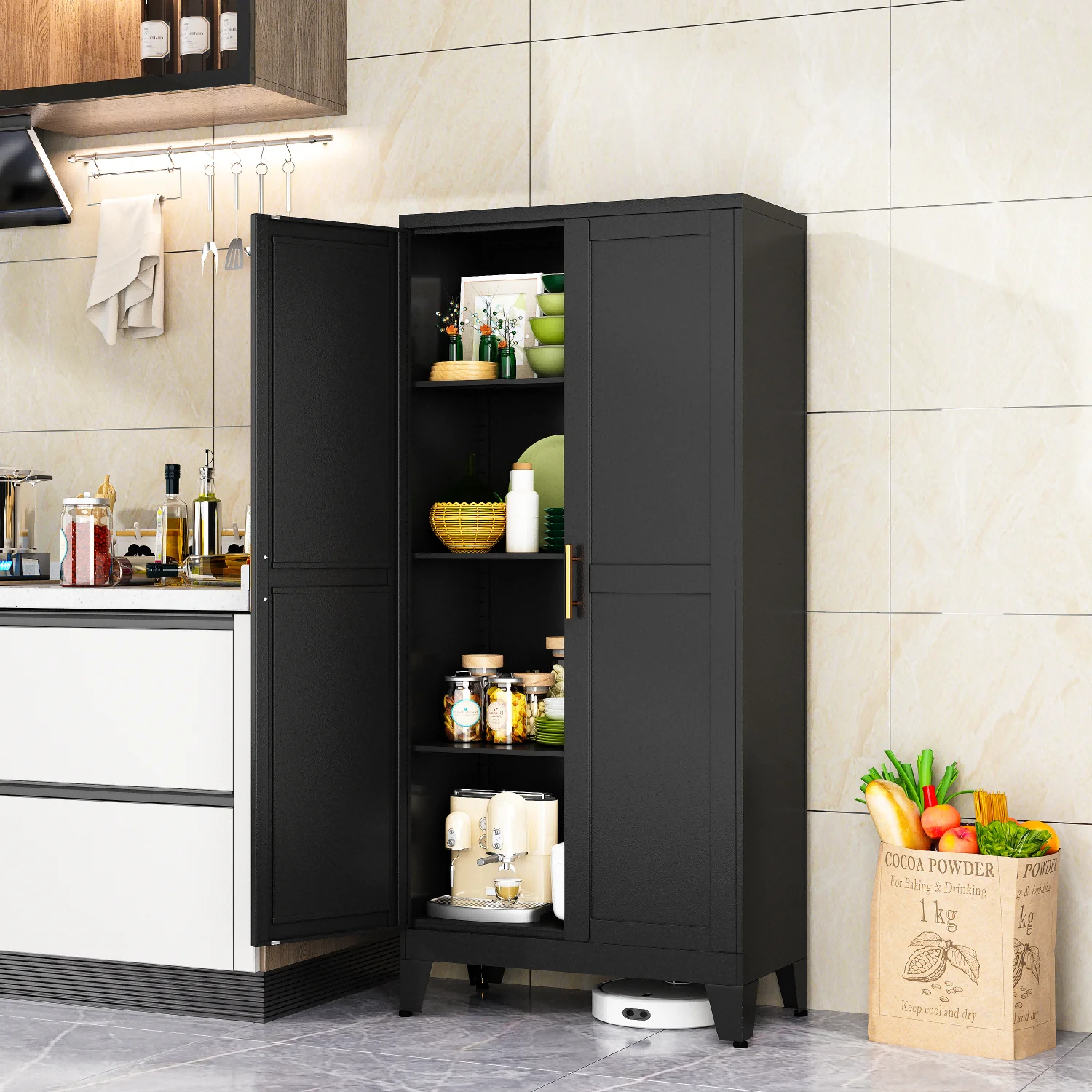 47,2 Zoll hoher Küchenutensilenschrank aus Metall mit 2 Türen und 3 verstellbaren Einlegeböden und Utensilenschrank mit einstellbarer Nivellierung