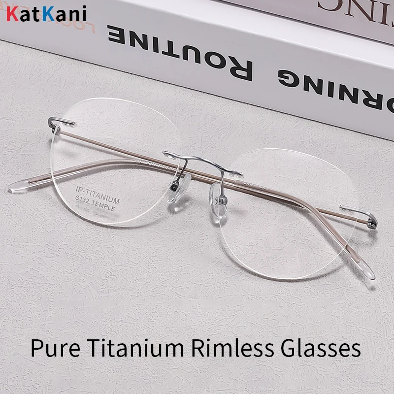 

KatKani Fashion Ultra-light Pure Titanium Eyewear Retro Round Trend Optical Prescription Men's and Women's Rimless Glasses Frame