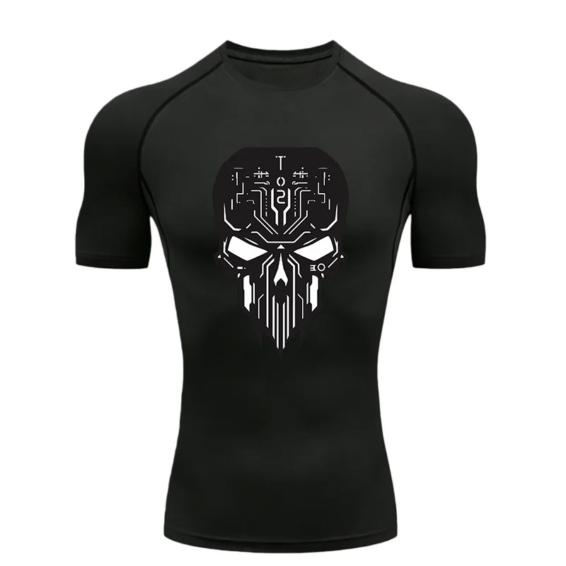 

Skull Pattern Men's Sports T-Shirt Training Fitness Compression Gym Workout Short Rashguard Tops Quick Dry Running Athletic Tees