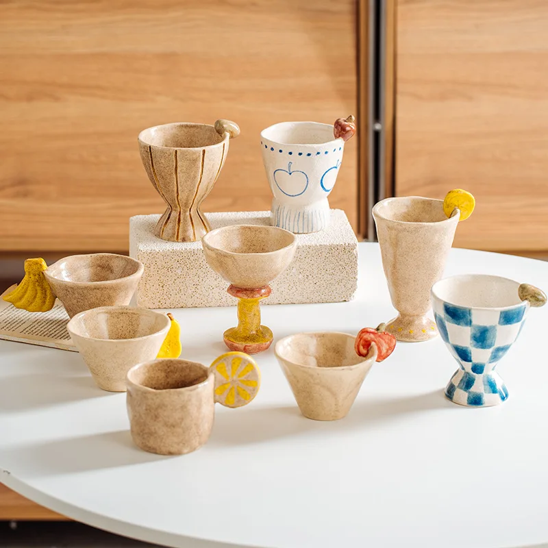 Rural Style High Footed Handmade Cup, Cute Retro Coffee Cup, High-end Water Cup, High Aesthetic Rough Pottery Italian Latte Cup