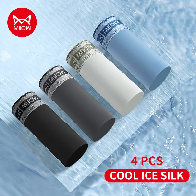 

MiiOW 4Pcs Ice Silk Men Underwear Boxer 10A Antibacterial Crotch Men's Panties Seamless Breathable Man Underpants Mens Trunks