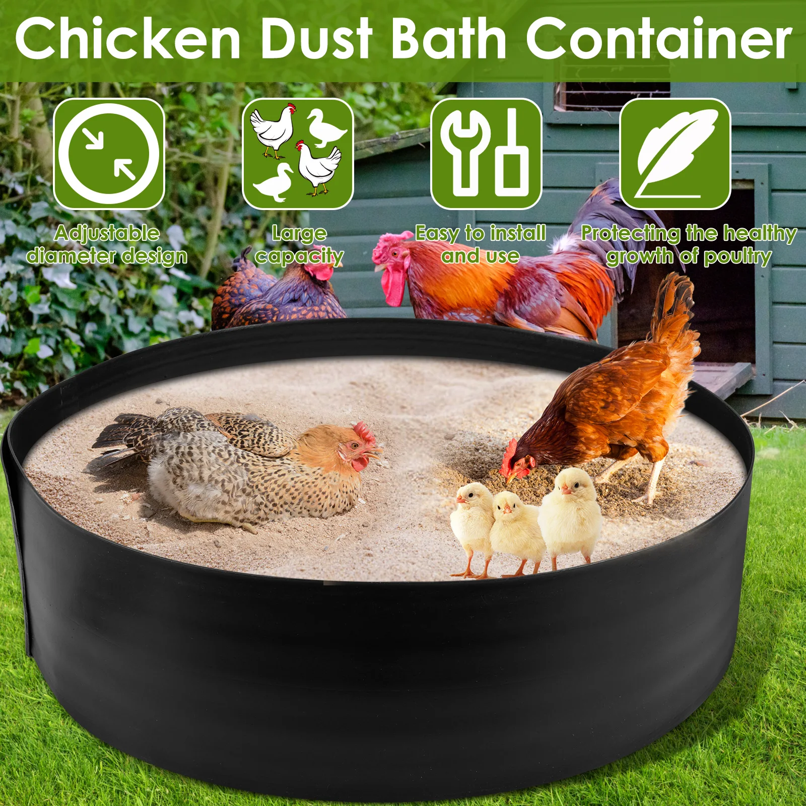 Chicken Dust Bath Tub Plastic Chicken Sand Bath Tub with 5 Ground Nails Adjustable Bottomless Chick Coop Cleaning Accessories