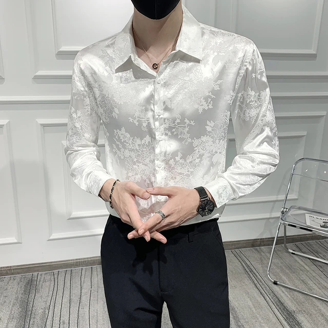 Camisa de vestir de seda blanca para hombre vestido completo elegante de lujo para fiesta de cena camisas de saten con flores ropa lisa para