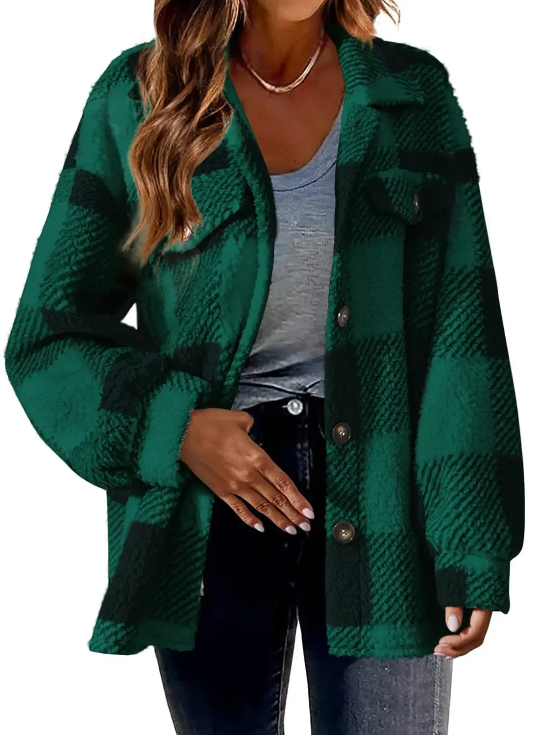 Women\'s Fashion 2023 New Autumn and Winter Pocket Plaid Jacket Button Plush Jacket for Warmth, Leisure and Elegance