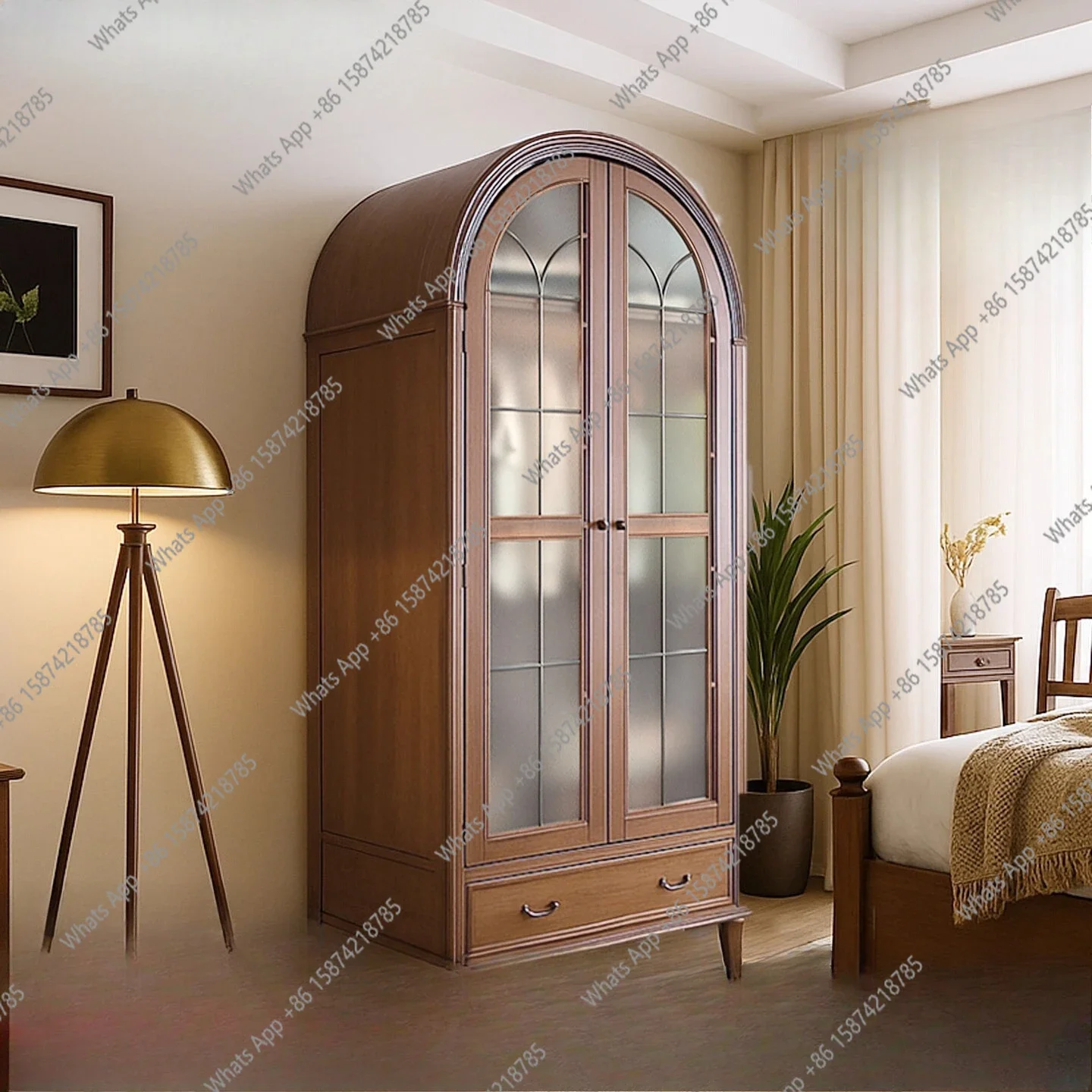 

MX American Pure Solid Wood Arched Wardrobe 80cm Double Door Bedroom Small Apartment Wardrobe Walnut Color Independent Wardrobe