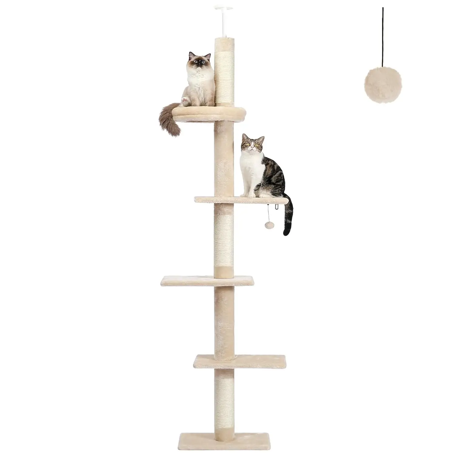 5-Tier Floor to Ceiling Cat Tree, 95-107In Tall Cat Tower Beige