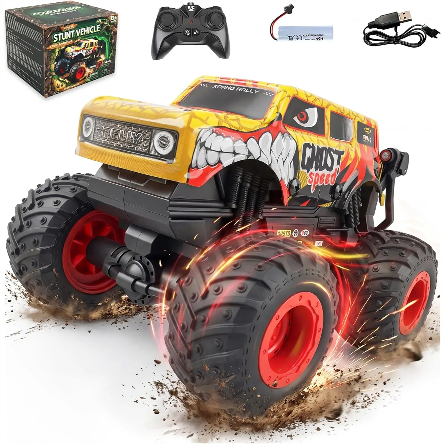

Remote Control Monster Truck With Dancing Spins Lights Music 1:20 Scale RC Car For Boys 4-7 5 6 7 8 9 10 Year Old Birthday Gift Yellow