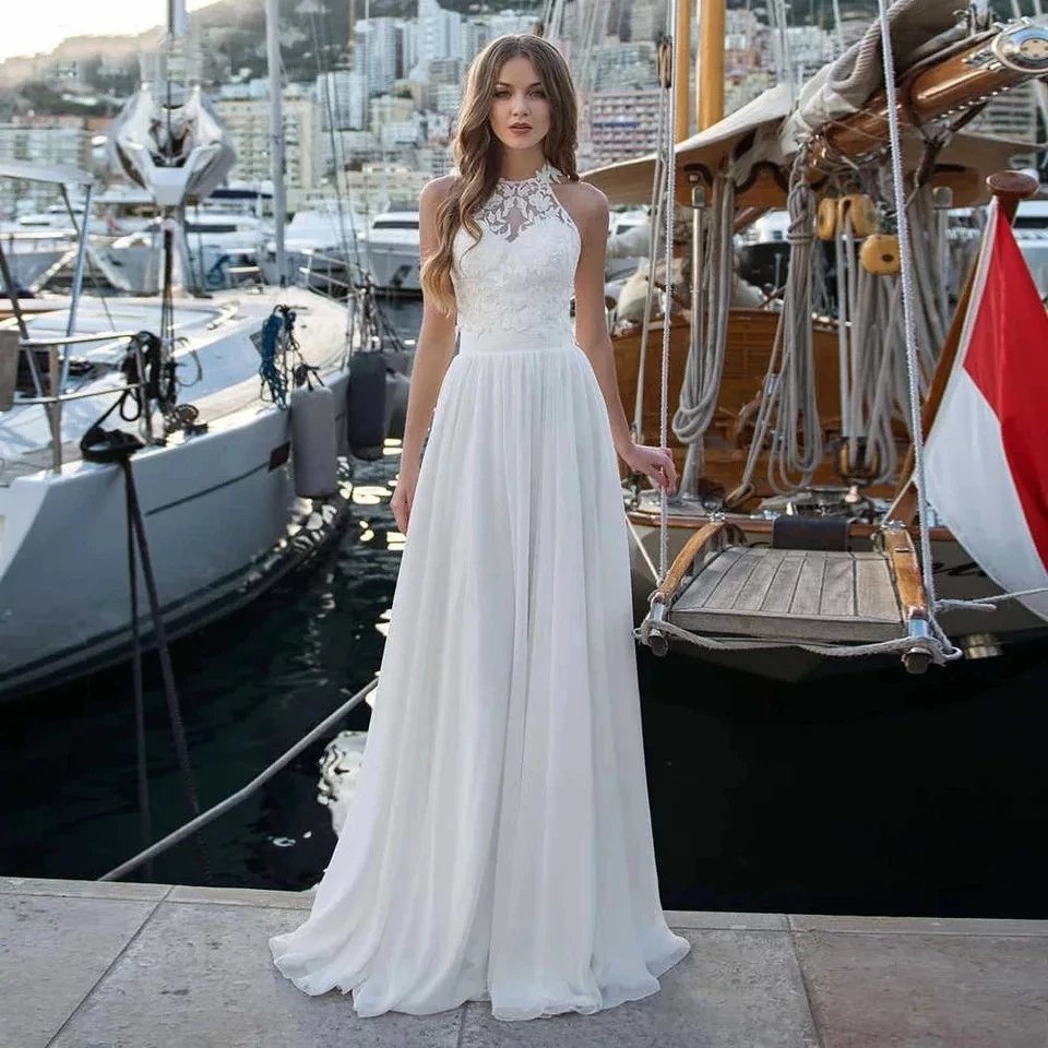 

Elegant Chiffon Wedding Dresses Beach Applique Lace Bride Gown Halter Neck Boho Princess Party Gowns Lace-up Plus Size Customize