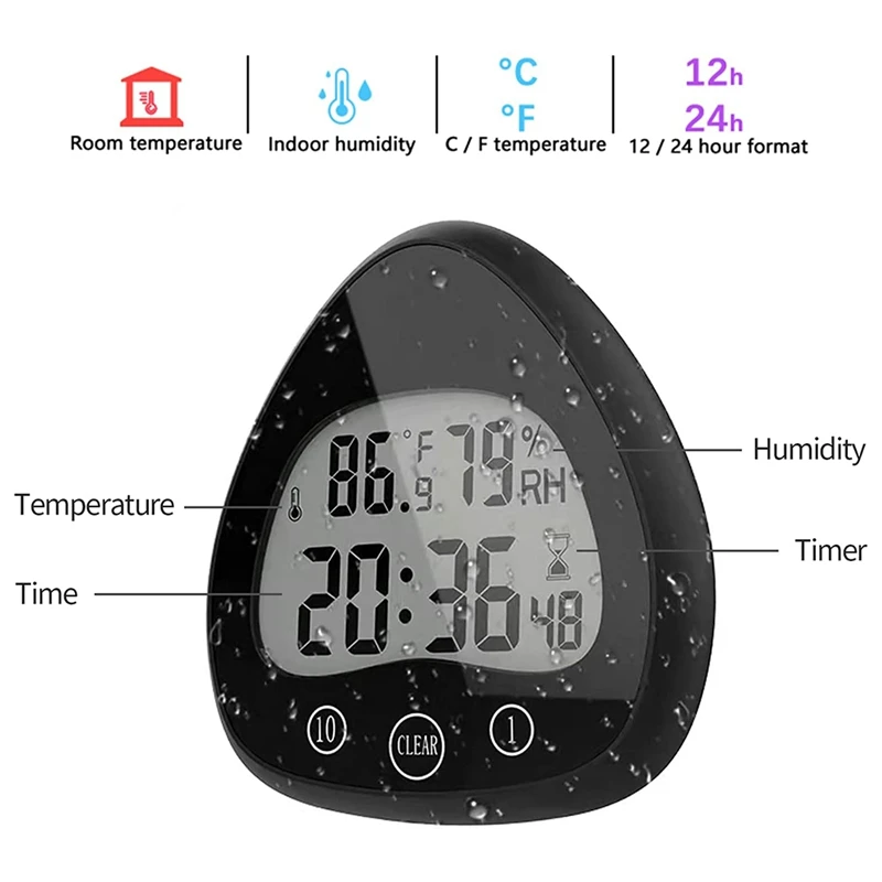 Horloge de cuisine numérique HOShower, compte à rebours visuel étanche, affichage de l'humidité et de la température intérieure