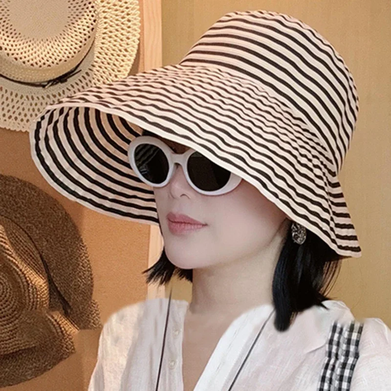 2025 New Japanese Foldable Striped Bucket Hat, Women's UPF 50+ Summer Sun Hat, Oversized Fisherman Cap Trendy Beach Accessories