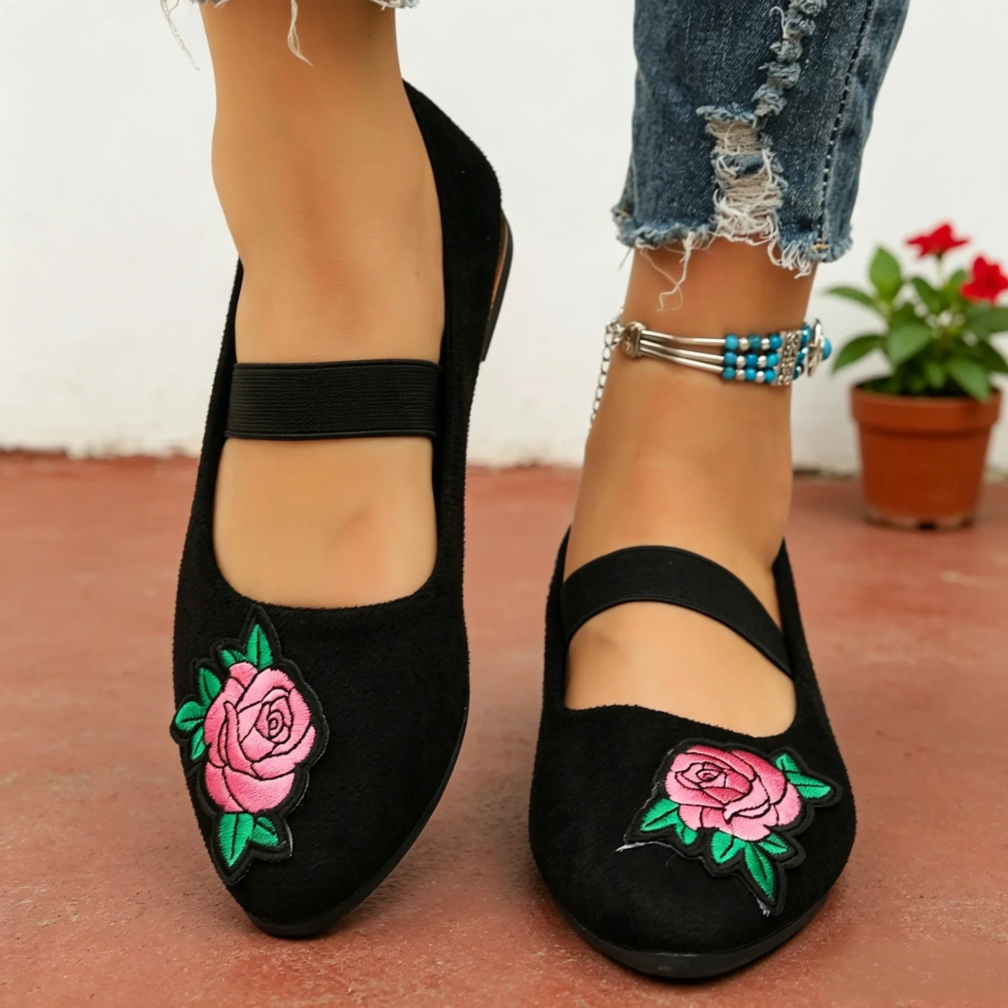 Zapatos Planos de Mujer para Otoño, Estilo Boho Vintage con Bordado Floral, Tipo Mary Jane, Tacón Bajo, Punta en Pico, Correa Elástica, para Caminar
