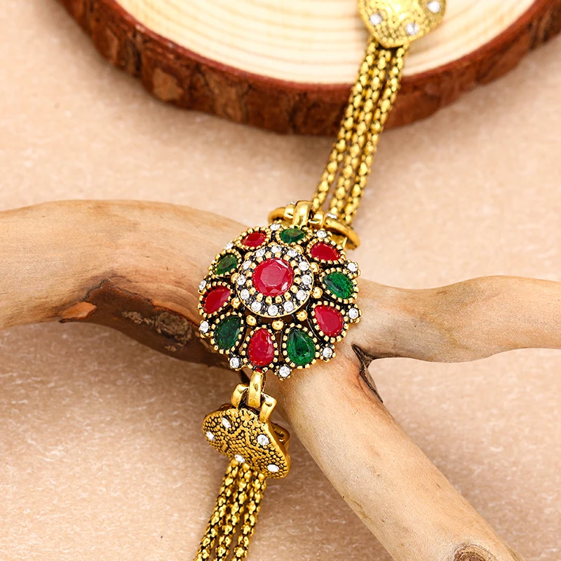 Turkey Bracelet For Women Tibetan Alloy Red Resin Gold Color Bangle Retro Bohemian Roman Royal Jewelry