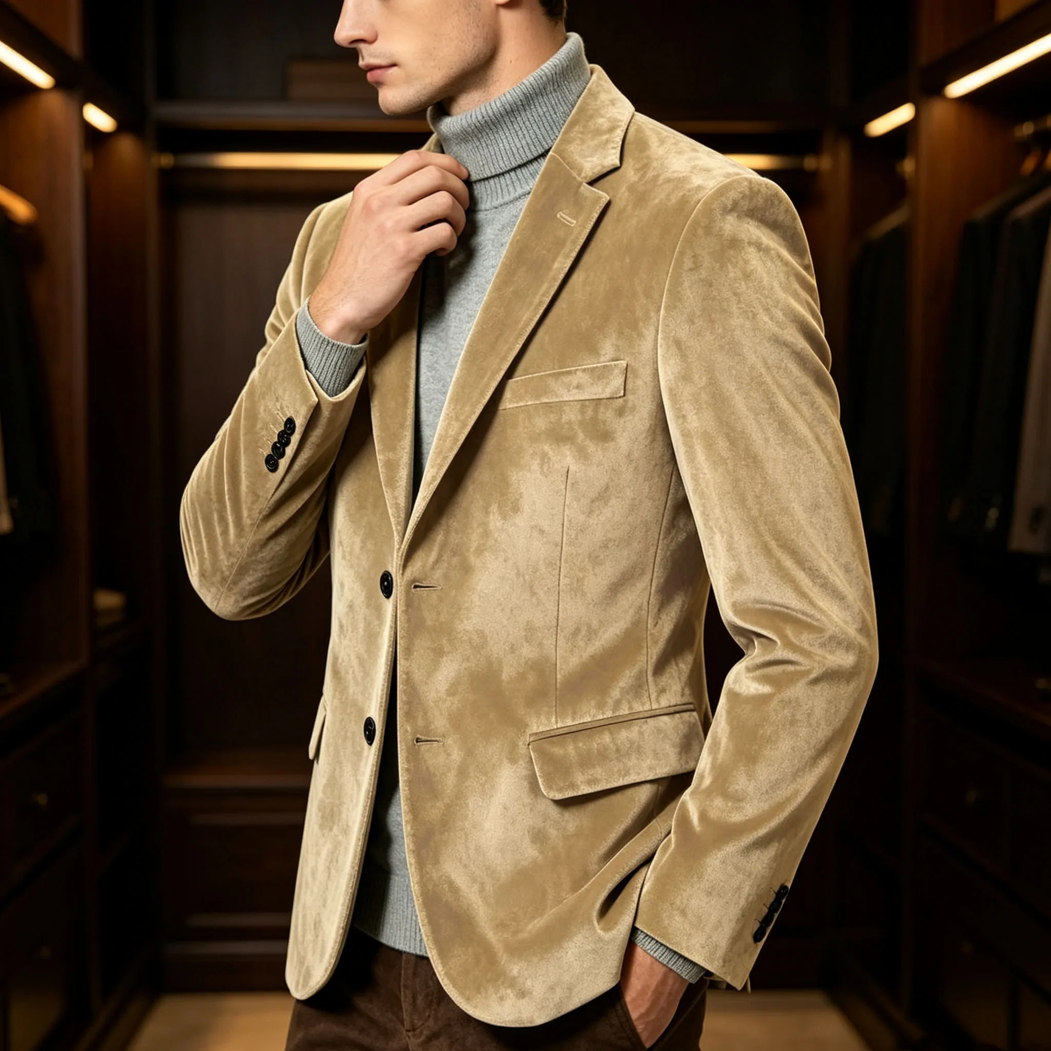 Luxury Men's Khaki Velvet Blazer Notched Lapel 2 Button Slim Fit Casual Suit Jacket Male Business Party Italian Style Sport Coat