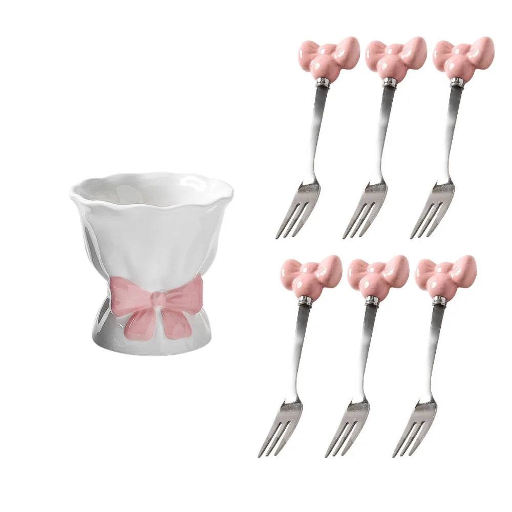 

Bowknot Ceramic Fruit Forks Set Ins Style Creative Dessert Forks with Storage Jar Solid Color Comfortable Grip