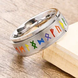 Spinner LGBT Pride Rings for Women Men Norse Viking Runes Stainless Steel Rotatable Band Rings Rainbow Color Fidget Band Ring