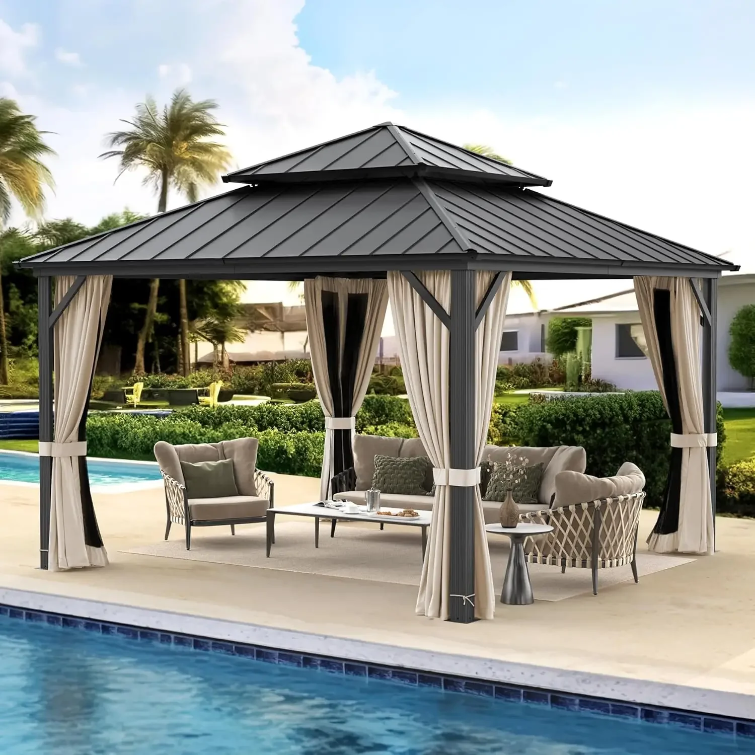 LUE BONA 12x12 Hardtop Gazebo, Galvanized Steel Double Roof, Aluminum Frame, Outdoor Canopy, Netting, Curtains, for Deck, Patio