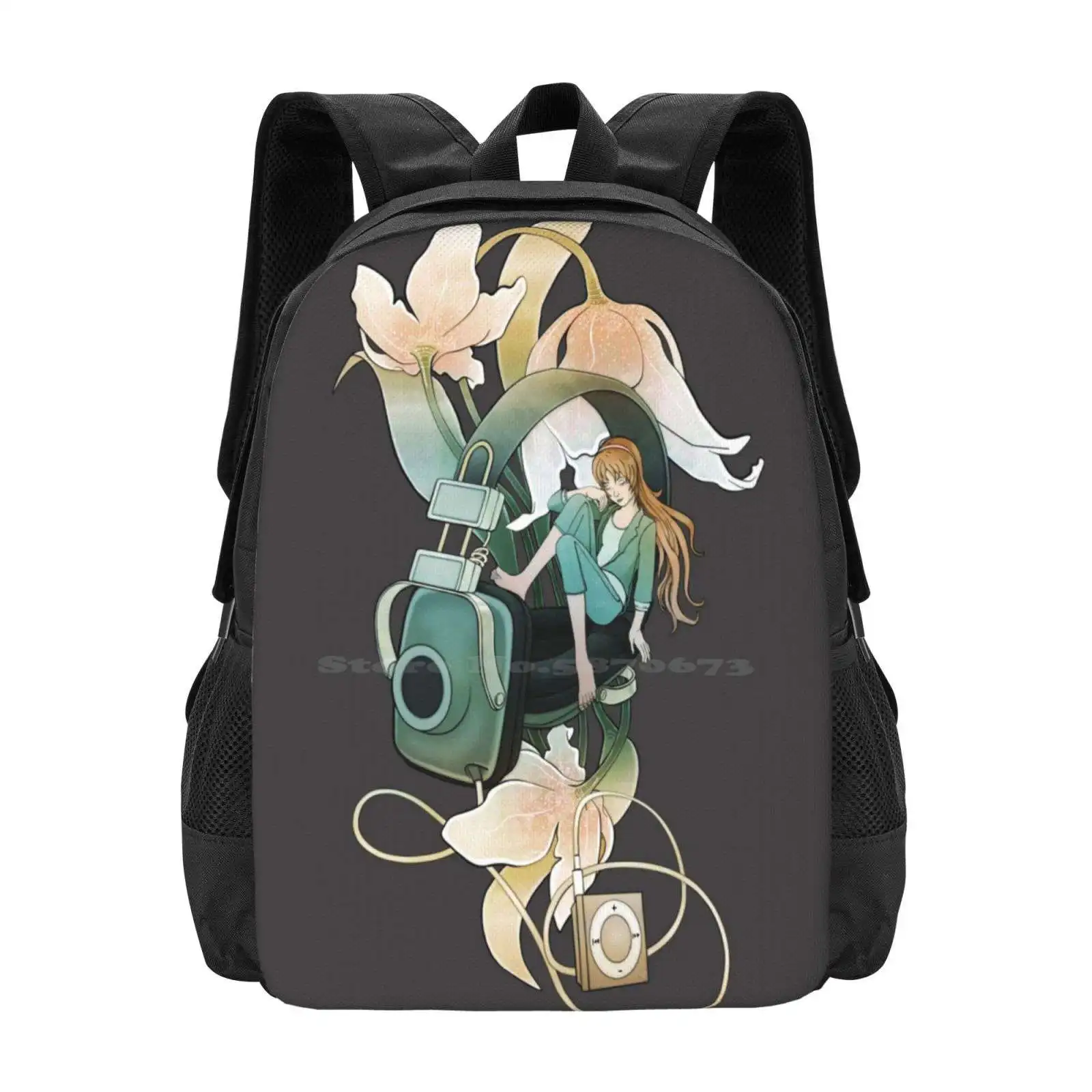 Thumbelina-رمادي تصميم الأزياء نمط السفر كمبيوتر محمول حقيبة المدرسة حقيبة الموسيقى Thumbelina الزهور فتاة الاستماع الشعر الأحمر الصغير #1