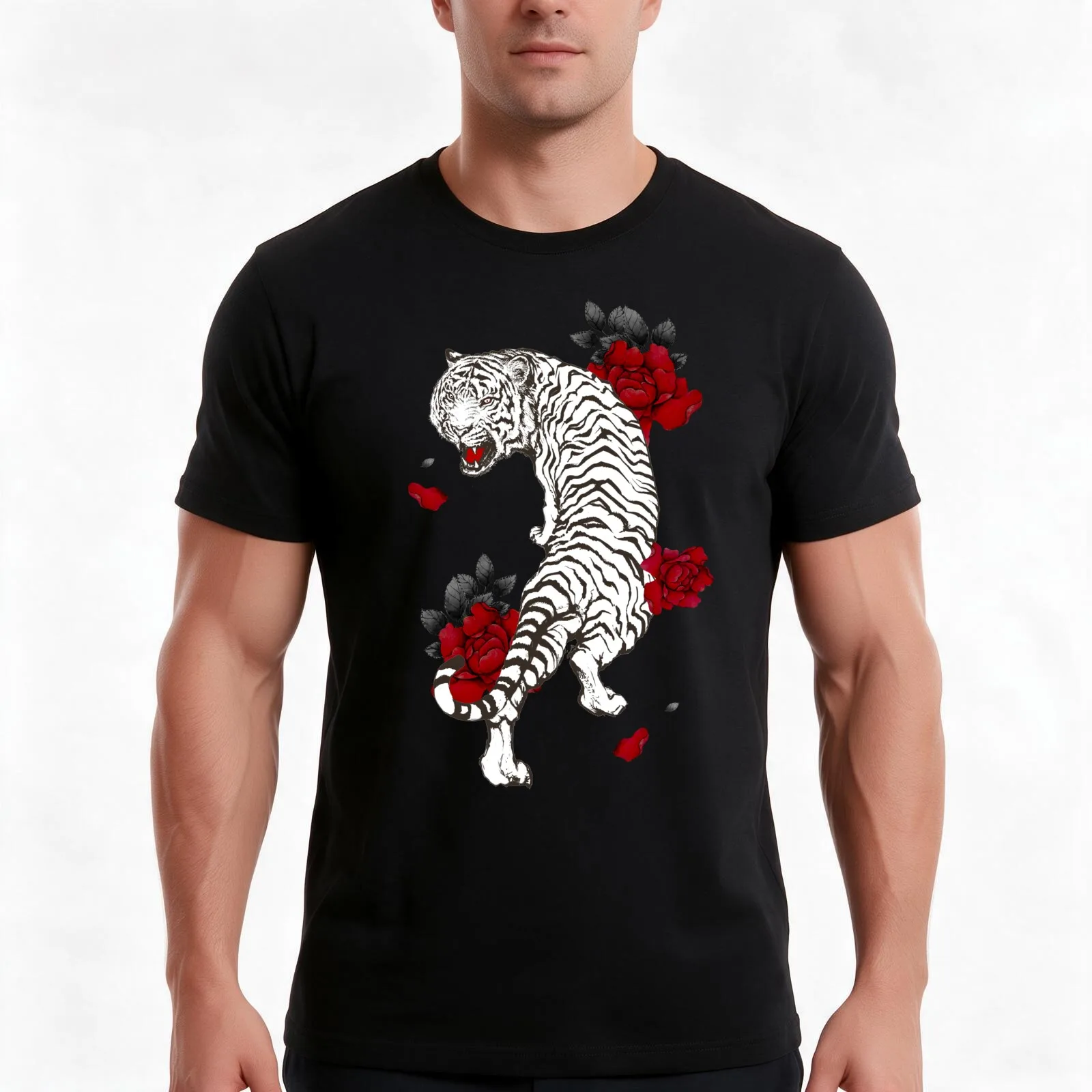 Tiger roar with red peonies T-Shirt, Summer Casual Cotton Tee, Oversized Streetwear Tops, Vintage Graphic Print, 100% Cotton