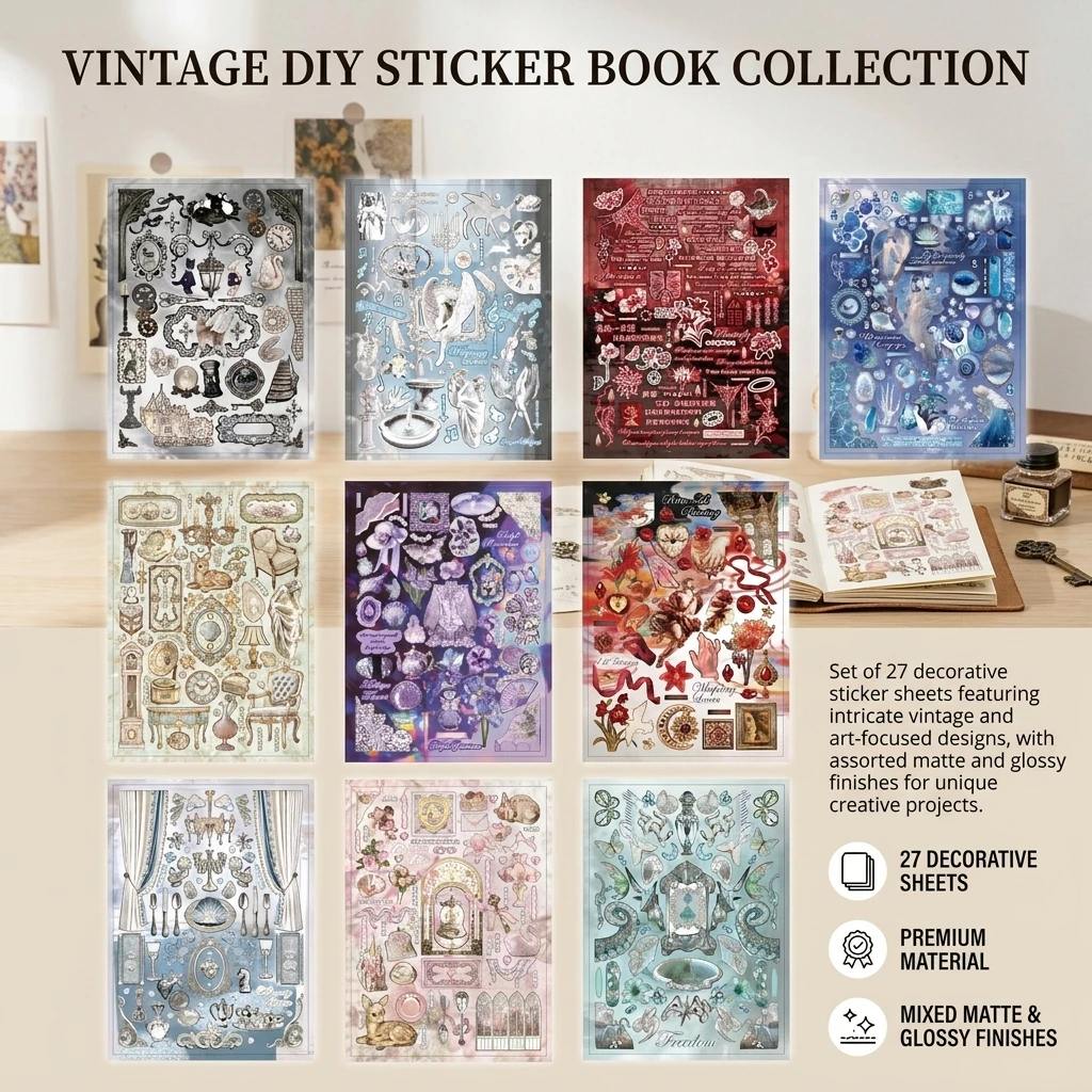 Vintage Oil Painting Sticker Books 27 Pieces Waterproof Pet Coated Scrapbooking Materials Floral Portrait Architectural