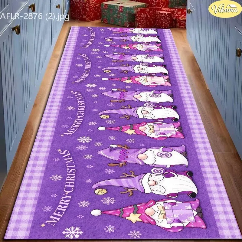 VIKAMA Christmas Runner Rug, Christmas Gnomes & Reindeer Antlers, Merry Christmas Snowflakes, Festive Printed, Soft Cozy