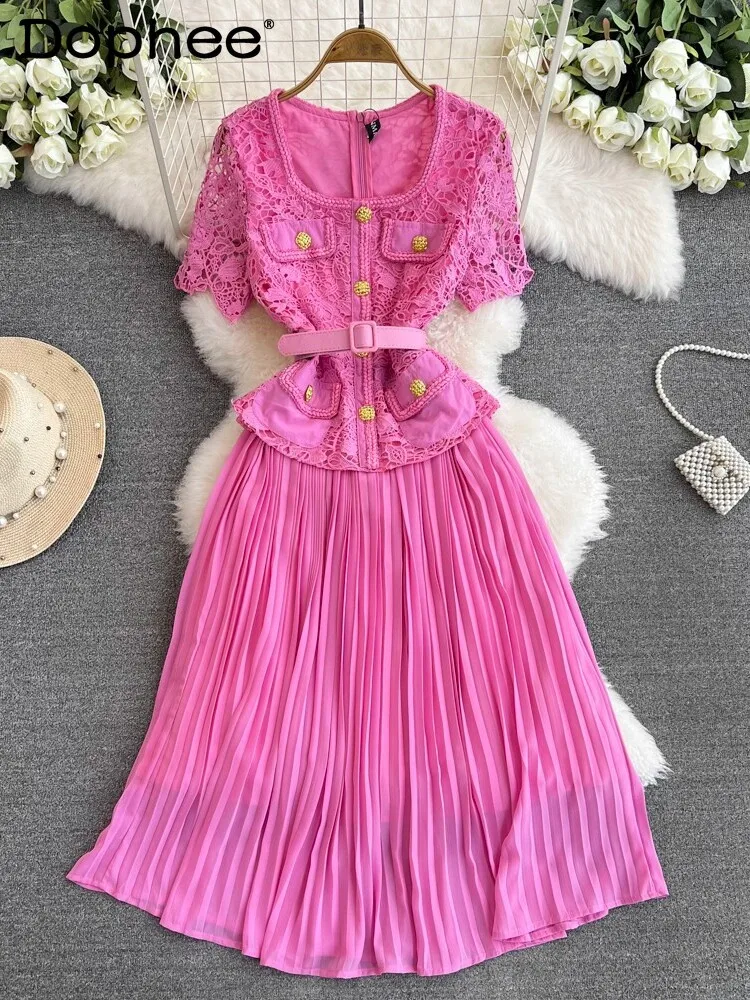 

Office Lady Temperament Slim Waist Nipped Swing Pleated A- Line Dress 2024 Summer New Lace Hollow-out Stitching Dress Female