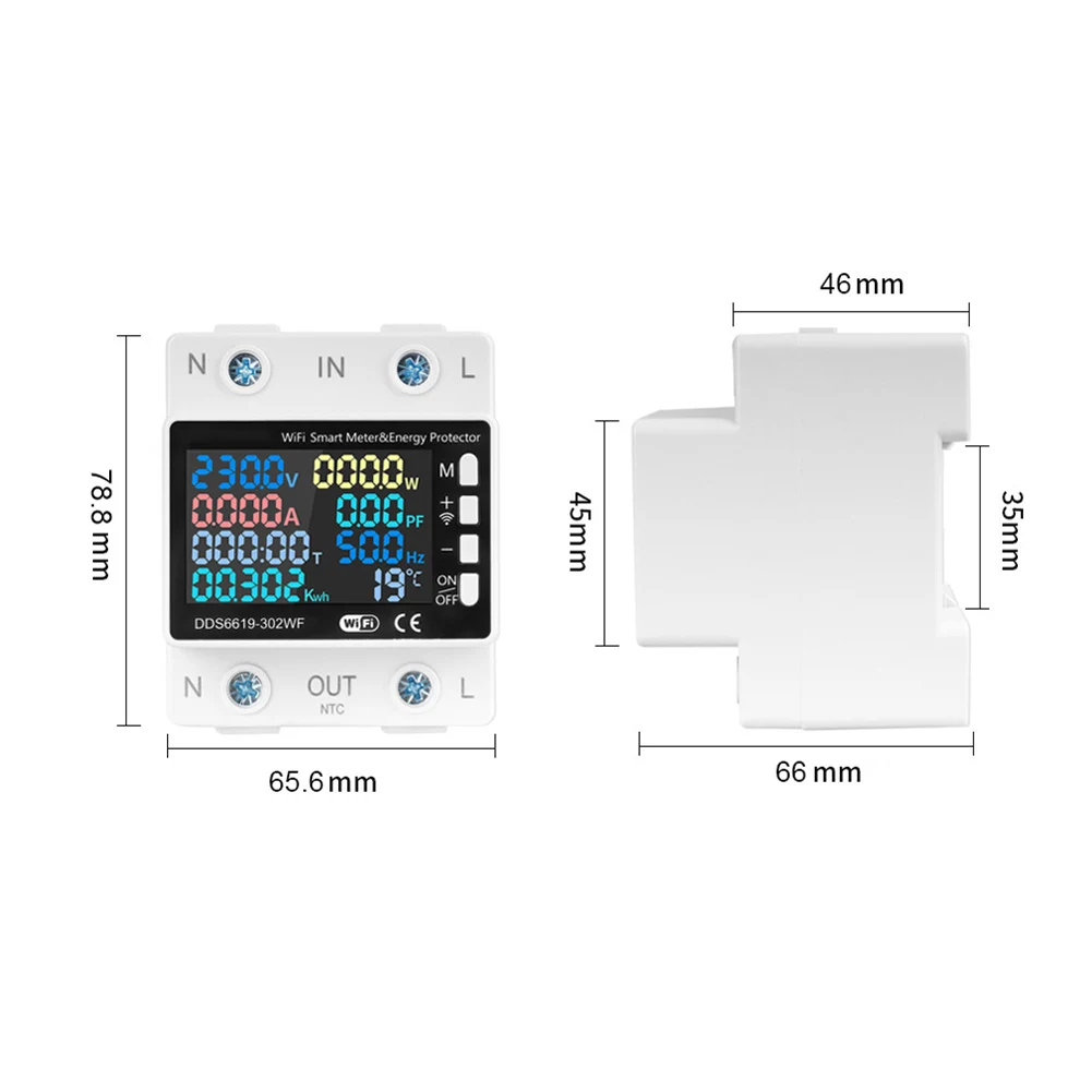 1-Phase WiFi for Energy Meter 63A DIN Rail for Smart Electricity Protector with Power Failure Memory 100-290V 0-9999kWh