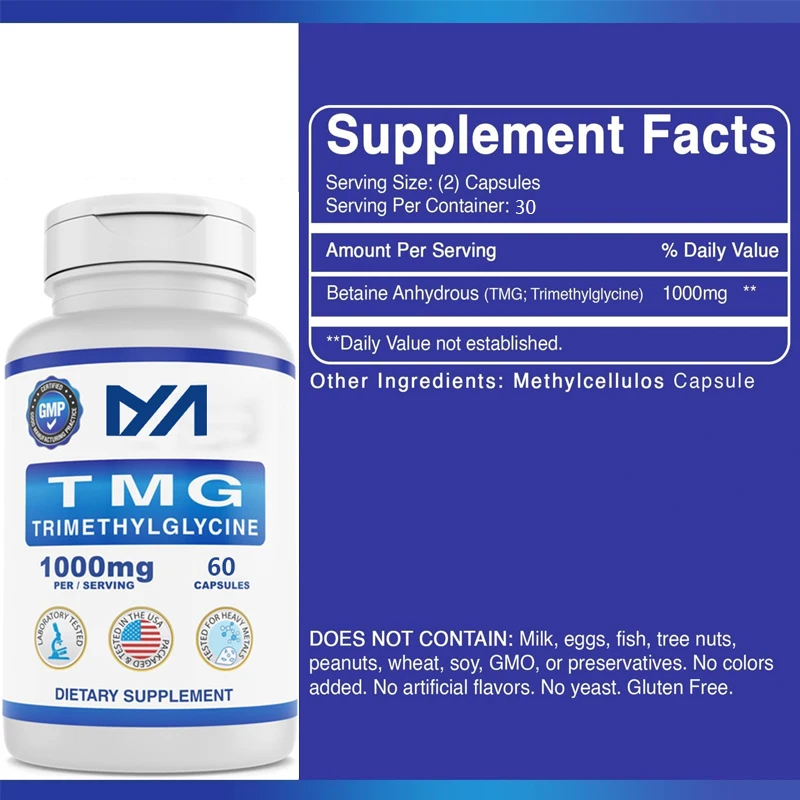 1000mg TMG supplement - Betaine anhydrous trimethylglycine - Healthy homocysteine levels - Gluten free and non GMO