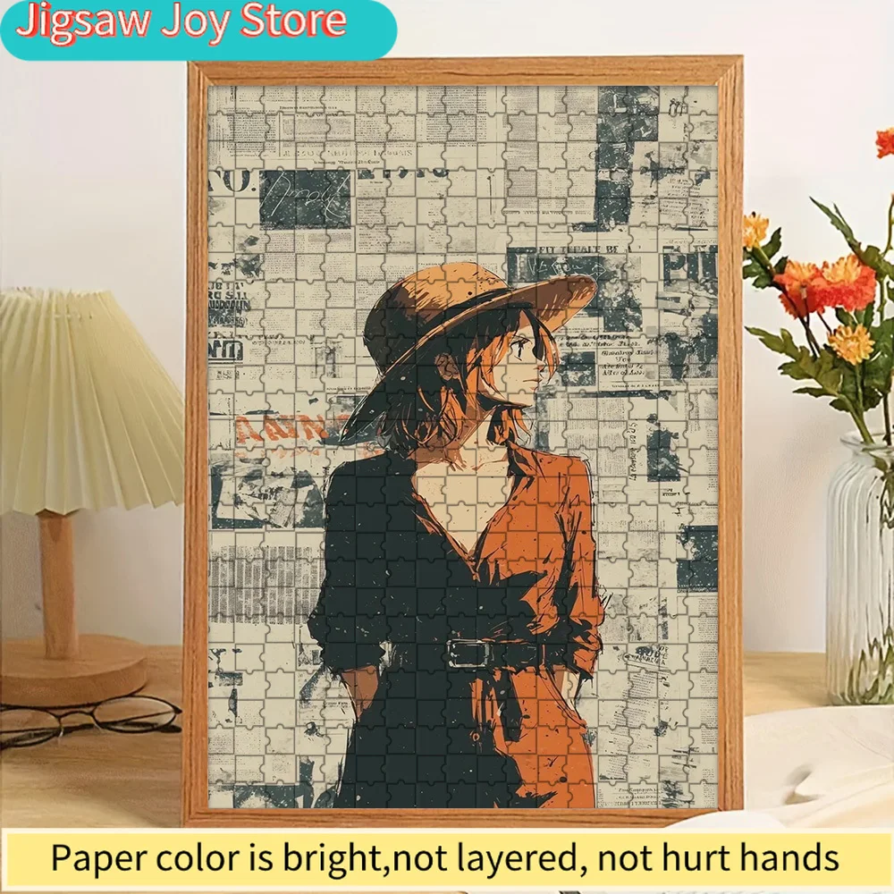 

Vintage Anime Girl in Orange Dress & Wide Brim Hat Newspaper Background Art Paper Jigsaw Puzzle, Retro Style Female Character Wa