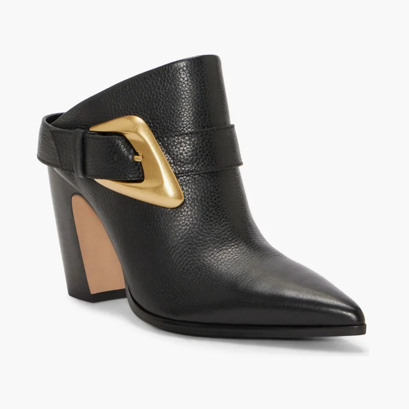 

High-Heeled Muggles With Pointed Metal Buttons