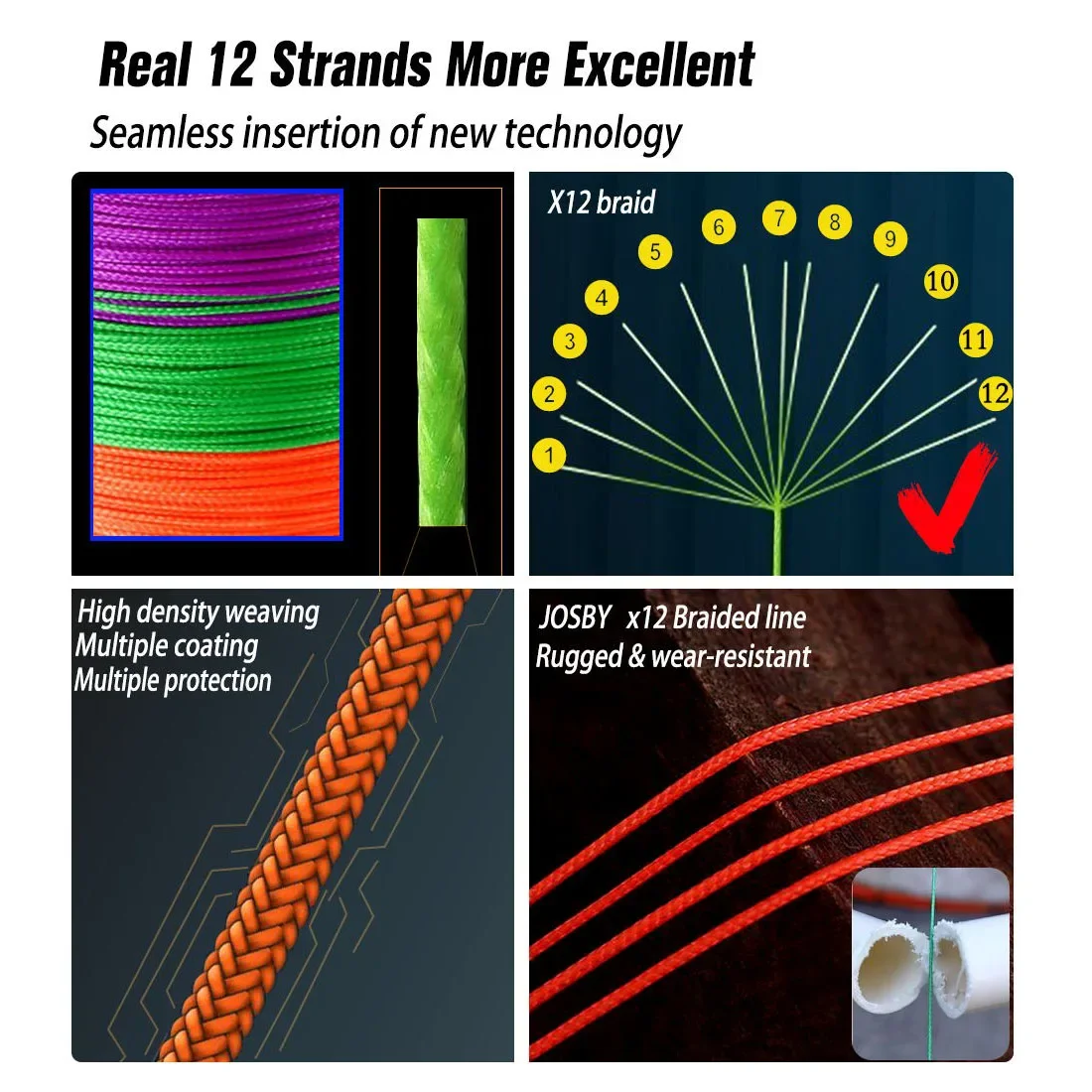 JOSBY Braided Fishing Line 12 Strands Smooth Multifilament  PE Weave Sea Freshwater Extreme Japan Carp Thread 100/300/500/1000M