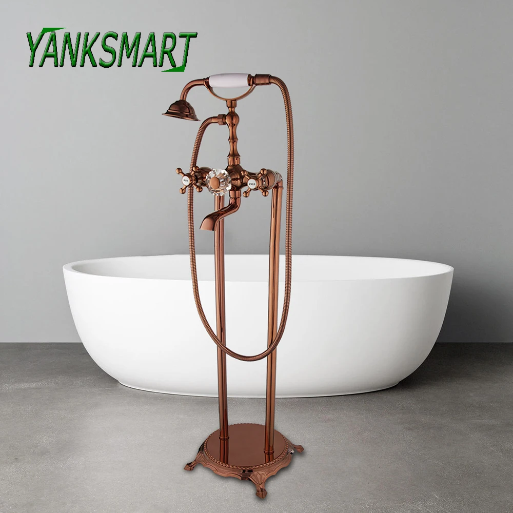 

YANKSMART Rose Gold Telephone Bathtub Floor Stand Faucet Mixer 2 Handle Waterfall Spout Bathtub Faucet with Brass Handshower Set