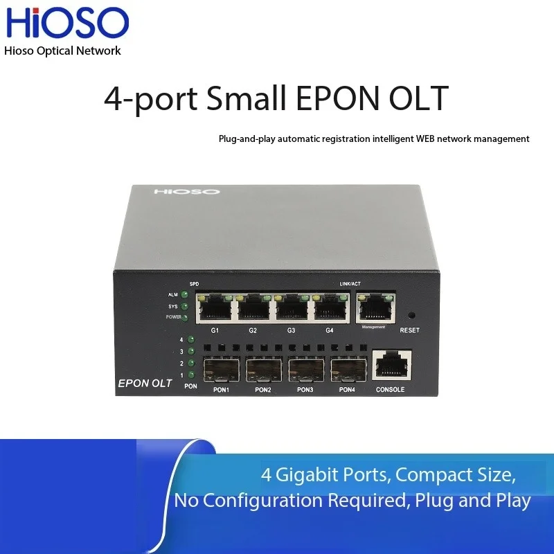 HIOSO Mini OLT EPON 4-Port FTTH Fiber Optic Equipment DC12V with WEB SNMP CLI 256 Users 4x1000M RJ45 Compatible for Huawei ZTE