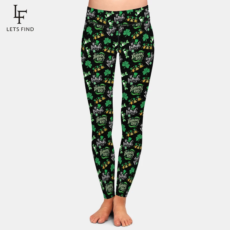 

LETSFIND New St Patrick's Day Leggings Women Shamrock Clover Trefoil Gnomes Print Leggins High Elasticity 230gsm Milk Silk