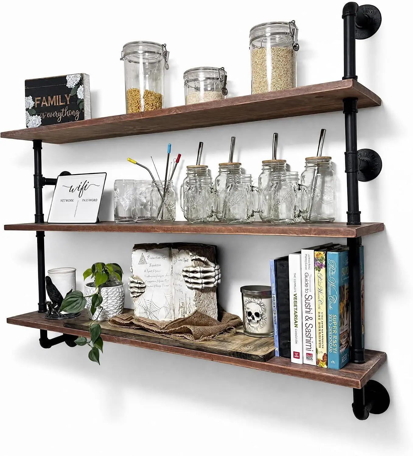 HDDFER Industrial Pipe Floating Shelves, 48 Inch Rustic Wood Wall Shelf | Real Pine wood shelves with metal pipe brackets, farmh