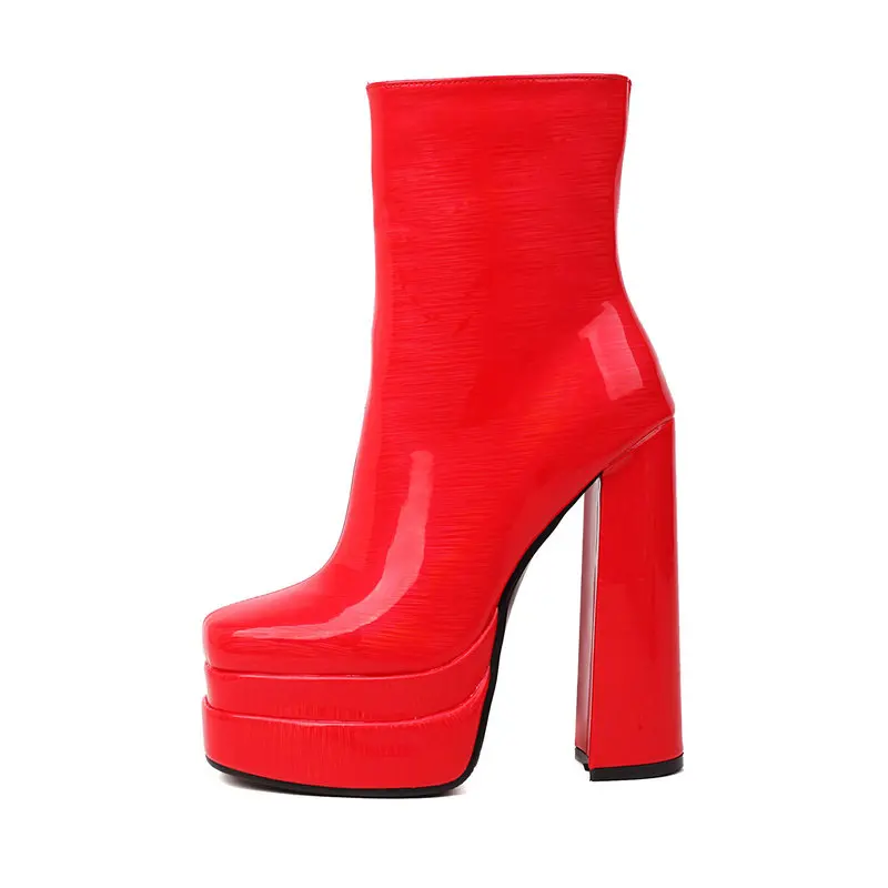 PU Patent Leather Plain Red White Black Shoes For Woman Plus Size 33-46 Super High Heels Block Heeled Women Goth Platform Boots