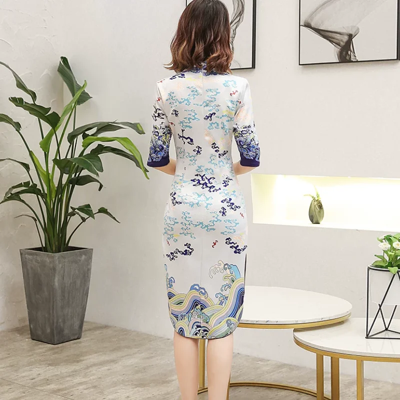 Chinese Style Girl Low Necked Cheongsam Slim Fit Flight Attendant Auspicious Cloud Skirt
