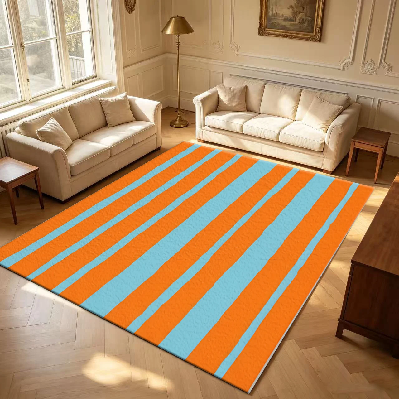 Orange and Light Blue Hand-Painted Striped Carpet