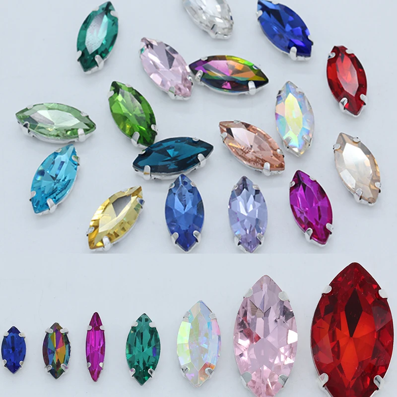 كل حجم Navette/عين الحصان 24-color خياطة على الكريستال والزجاج حجر الراين الخياطة ديامانتي monتيز زر مخلب الفضة للملابس