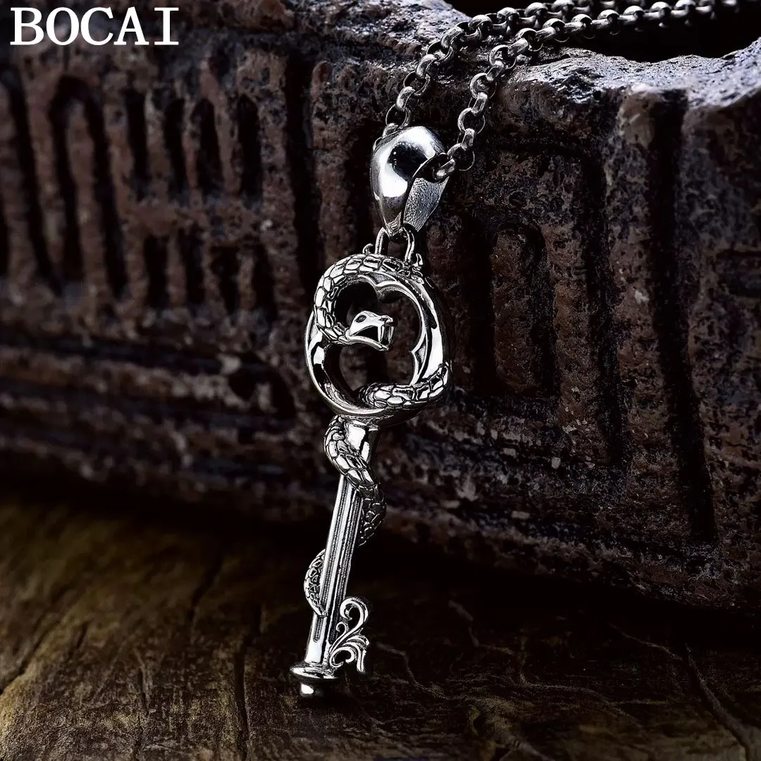 BOCAI NEW S925 Sterling Silver Vintage Hip-hop Snake Wrap key Pendant