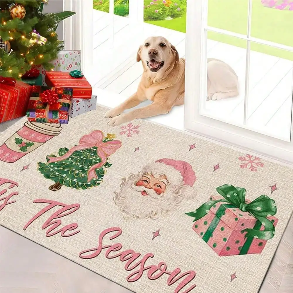 1pc Christmas Welcome Mat Compatible For Santa Claus, Xmas Tree, Coffee Cup & Gift Box Print - Non-Slip PVC Backing Indoor Door, Soft Adhesive Flannel Mat Easy