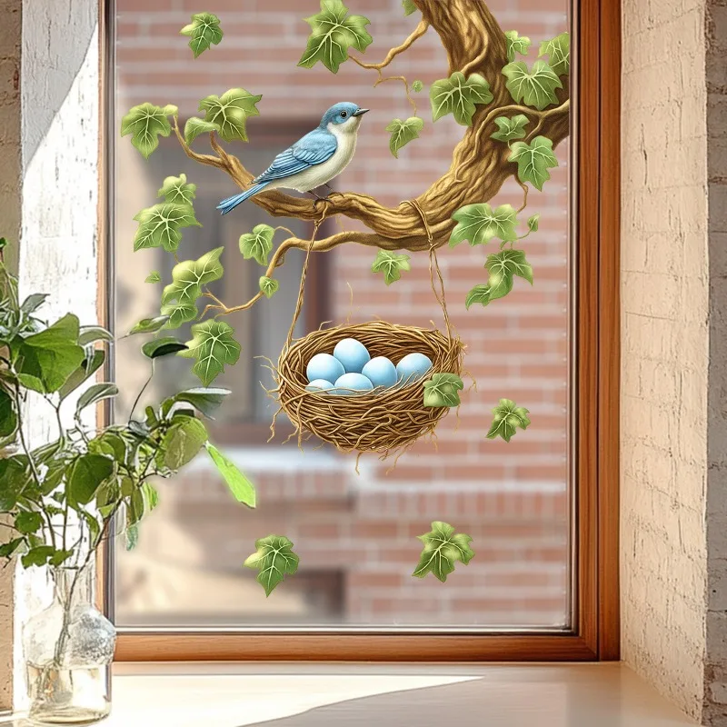 Bird's Nest and Floral Window Sticker for Living Room and Balcony Glass Decoration Self-adhesive Window Beautification Sticker