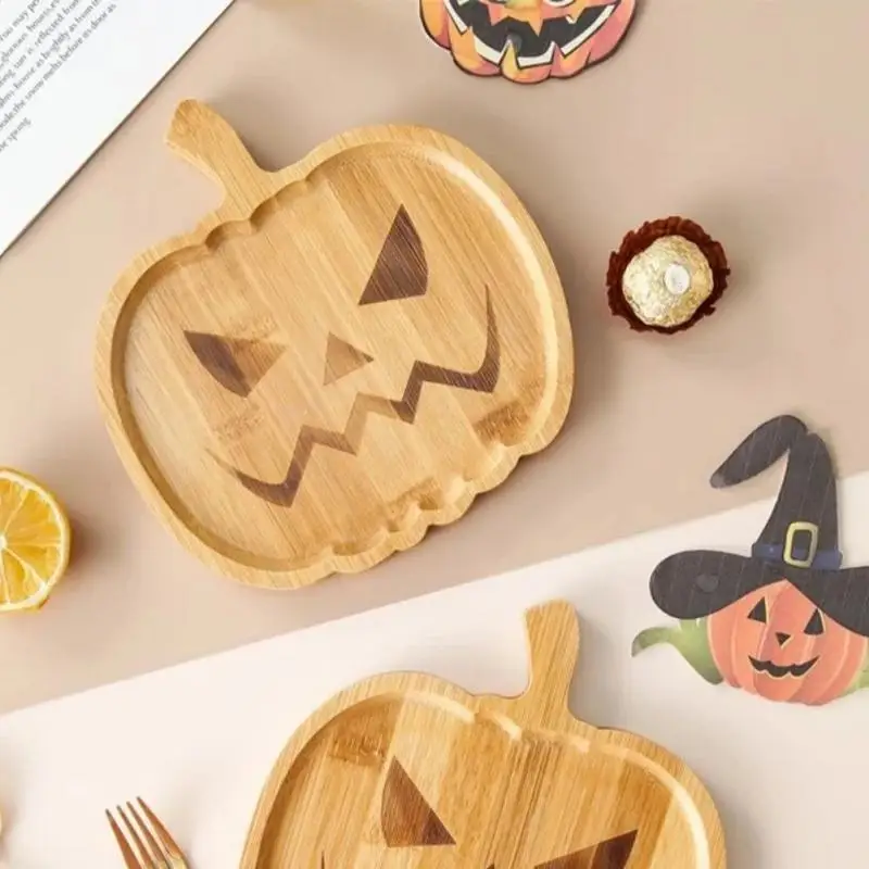 Halloween Pumpkin Tray Wooden Food Fruit Snack Storage Plate Home Decoration Halloween Party Supples Kitchen Accessories